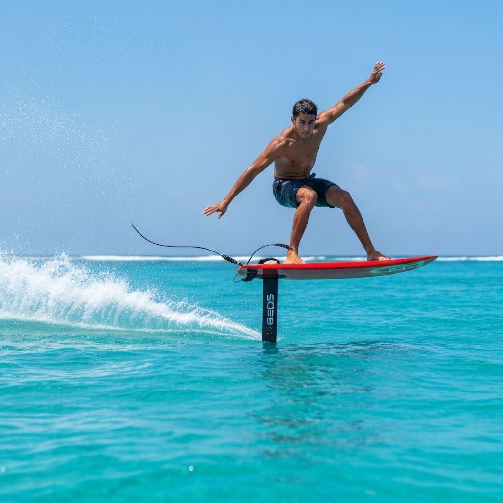 Professional hydrofoiler gliding above crystal blue ocean water in Cabo San Lucas