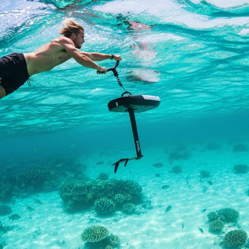 Expert hydrofoil rider flying above turquoise ocean water in Cabo San Lucas